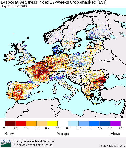 Europe Evaporative Stress Index (ESI), 12-Weeks over Croplands Thematic Map For 10/28/2019 - 11/3/2019