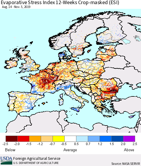 Europe Evaporative Stress Index (ESI), 12-Weeks over Croplands Thematic Map For 11/4/2019 - 11/10/2019
