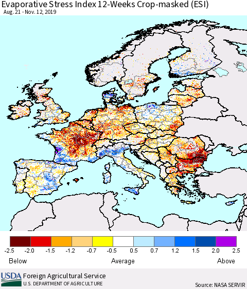 Europe Evaporative Stress Index (ESI), 12-Weeks over Croplands Thematic Map For 11/11/2019 - 11/17/2019