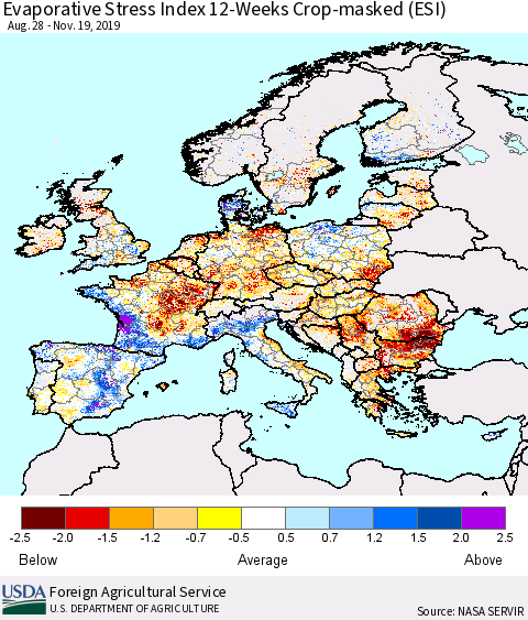 Europe Evaporative Stress Index (ESI), 12-Weeks over Croplands Thematic Map For 11/18/2019 - 11/24/2019