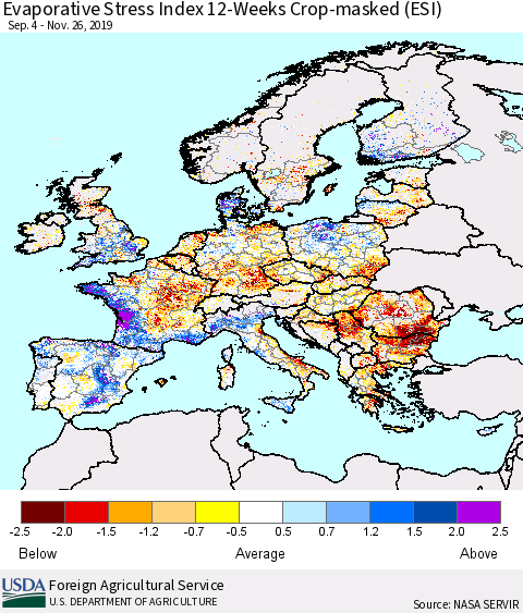 Europe Evaporative Stress Index (ESI), 12-Weeks over Croplands Thematic Map For 11/25/2019 - 12/1/2019