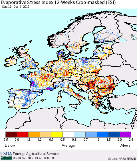 Europe Evaporative Stress Index (ESI), 12-Weeks over Croplands Thematic Map For 12/2/2019 - 12/8/2019