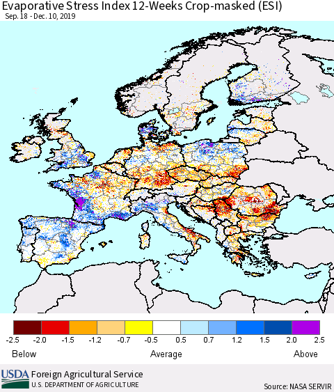 Europe Evaporative Stress Index (ESI), 12-Weeks over Croplands Thematic Map For 12/9/2019 - 12/15/2019