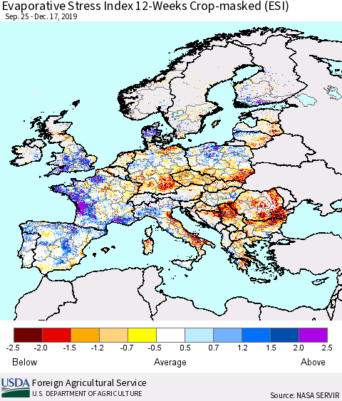 Europe Evaporative Stress Index (ESI), 12-Weeks over Croplands Thematic Map For 12/16/2019 - 12/22/2019