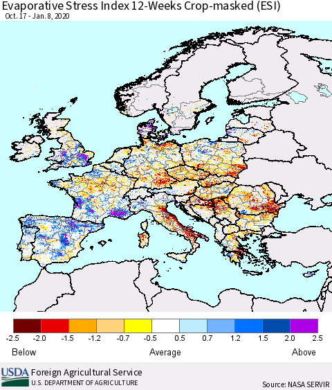 Europe Evaporative Stress Index (ESI), 12-Weeks over Croplands Thematic Map For 1/6/2020 - 1/12/2020