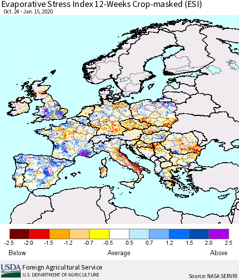 Europe Evaporative Stress Index (ESI), 12-Weeks over Croplands Thematic Map For 1/13/2020 - 1/19/2020