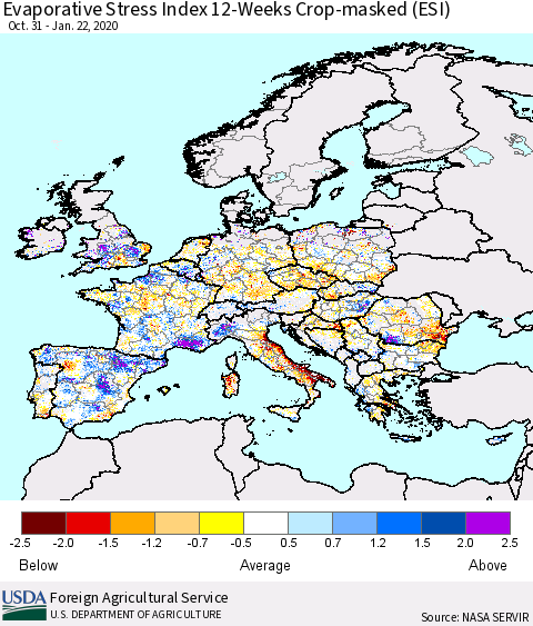 Europe Evaporative Stress Index (ESI), 12-Weeks over Croplands Thematic Map For 1/20/2020 - 1/26/2020