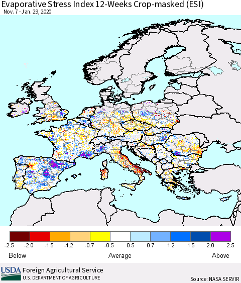 Europe Evaporative Stress Index (ESI), 12-Weeks over Croplands Thematic Map For 1/27/2020 - 2/2/2020