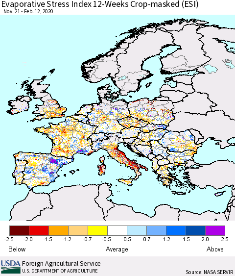 Europe Evaporative Stress Index (ESI), 12-Weeks over Croplands Thematic Map For 2/10/2020 - 2/16/2020