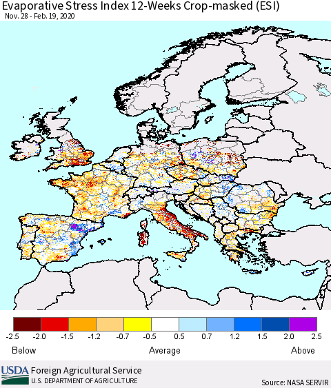 Europe Evaporative Stress Index (ESI), 12-Weeks over Croplands Thematic Map For 2/17/2020 - 2/23/2020