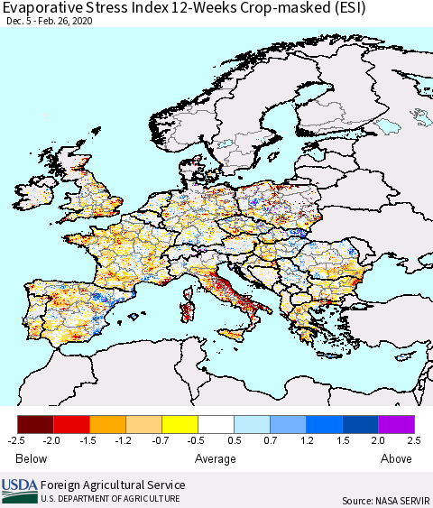 Europe Evaporative Stress Index (ESI), 12-Weeks over Croplands Thematic Map For 2/24/2020 - 3/1/2020