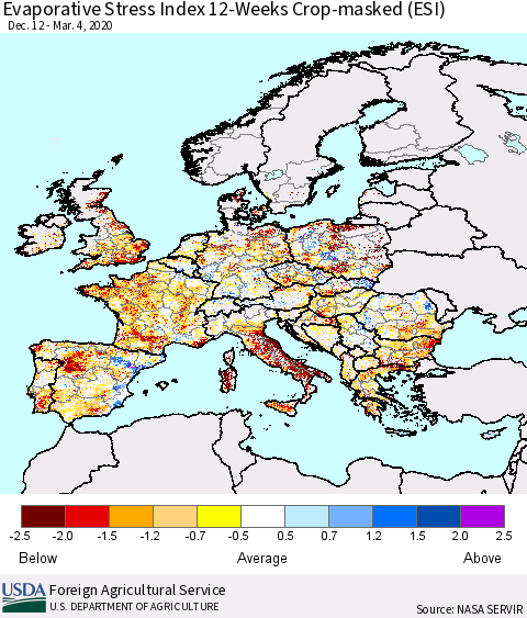 Europe Evaporative Stress Index (ESI), 12-Weeks over Croplands Thematic Map For 3/2/2020 - 3/8/2020
