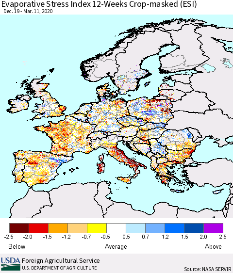 Europe Evaporative Stress Index (ESI), 12-Weeks over Croplands Thematic Map For 3/9/2020 - 3/15/2020