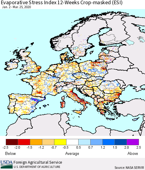 Europe Evaporative Stress Index (ESI), 12-Weeks over Croplands Thematic Map For 3/23/2020 - 3/29/2020