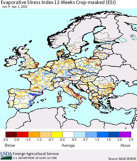 Europe Evaporative Stress Index (ESI), 12-Weeks over Croplands Thematic Map For 3/30/2020 - 4/5/2020
