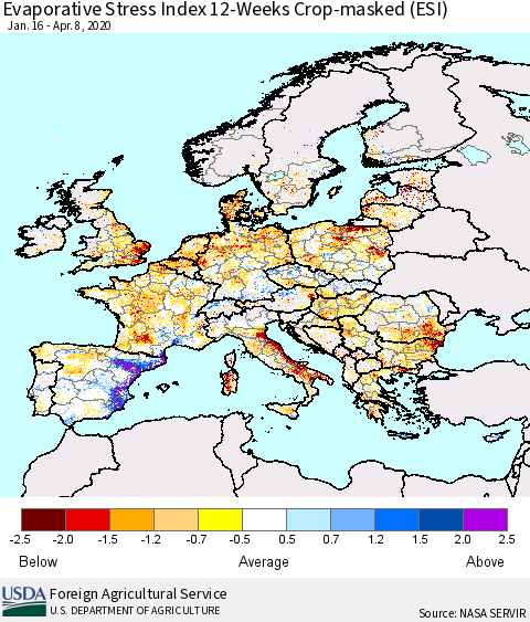 Europe Evaporative Stress Index (ESI), 12-Weeks over Croplands Thematic Map For 4/6/2020 - 4/12/2020