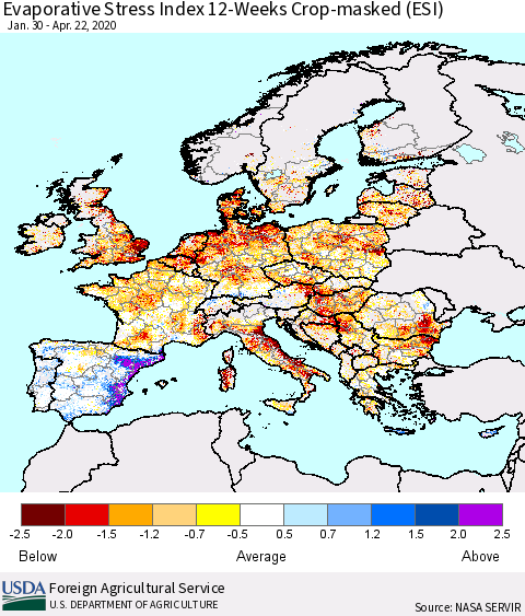 Europe Evaporative Stress Index (ESI), 12-Weeks over Croplands Thematic Map For 4/20/2020 - 4/26/2020
