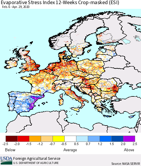 Europe Evaporative Stress Index (ESI), 12-Weeks over Croplands Thematic Map For 4/27/2020 - 5/3/2020