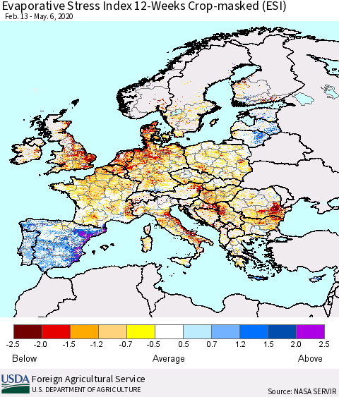 Europe Evaporative Stress Index (ESI), 12-Weeks over Croplands Thematic Map For 5/4/2020 - 5/10/2020