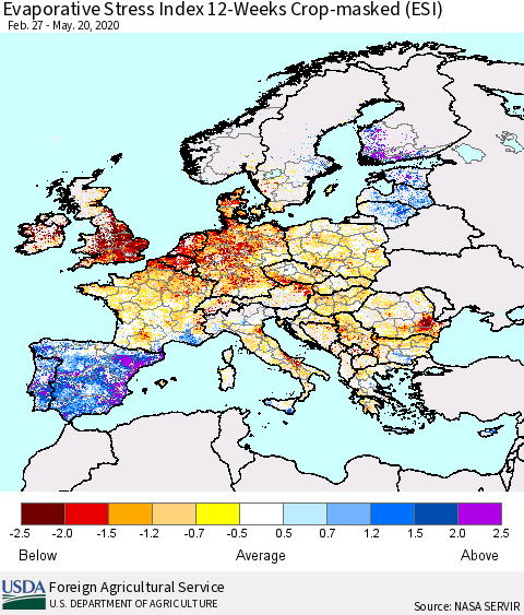 Europe Evaporative Stress Index (ESI), 12-Weeks over Croplands Thematic Map For 5/18/2020 - 5/24/2020