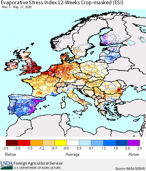 Europe Evaporative Stress Index (ESI), 12-Weeks over Croplands Thematic Map For 5/25/2020 - 5/31/2020