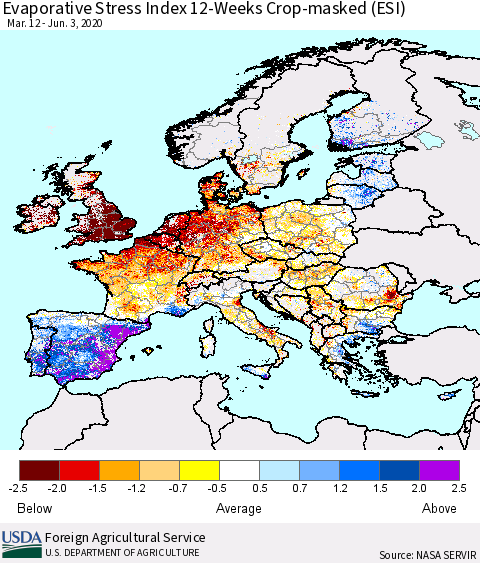 Europe Evaporative Stress Index (ESI), 12-Weeks over Croplands Thematic Map For 6/1/2020 - 6/7/2020