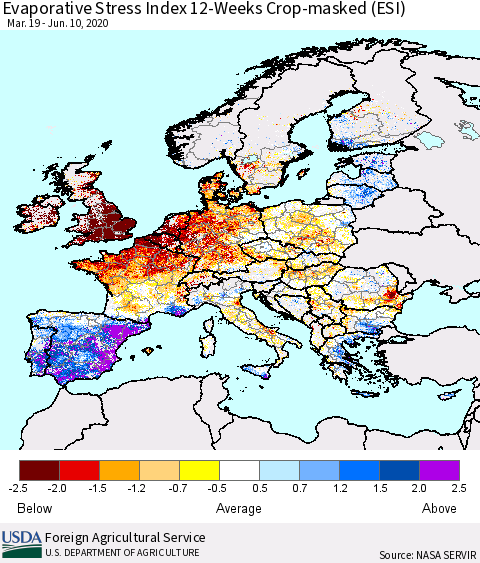 Europe Evaporative Stress Index (ESI), 12-Weeks over Croplands Thematic Map For 6/8/2020 - 6/14/2020