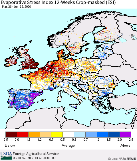 Europe Evaporative Stress Index (ESI), 12-Weeks over Croplands Thematic Map For 6/15/2020 - 6/21/2020