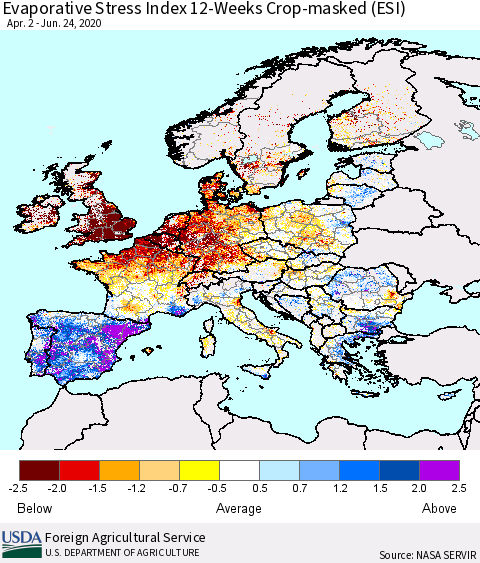 Europe Evaporative Stress Index (ESI), 12-Weeks over Croplands Thematic Map For 6/22/2020 - 6/28/2020