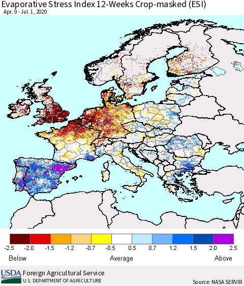 Europe Evaporative Stress Index (ESI), 12-Weeks over Croplands Thematic Map For 6/29/2020 - 7/5/2020