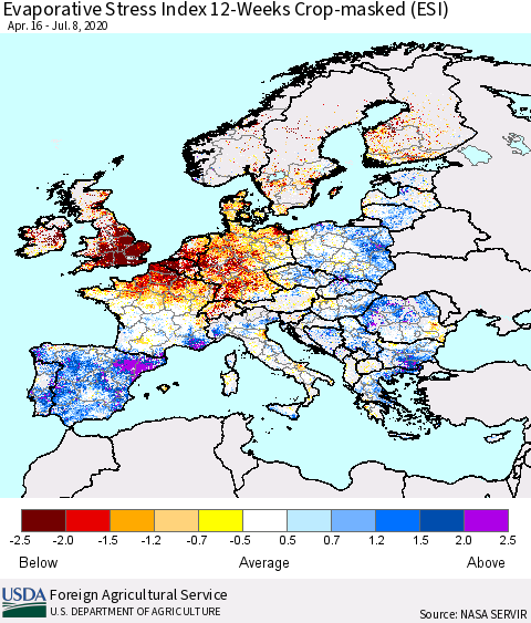 Europe Evaporative Stress Index (ESI), 12-Weeks over Croplands Thematic Map For 7/6/2020 - 7/12/2020