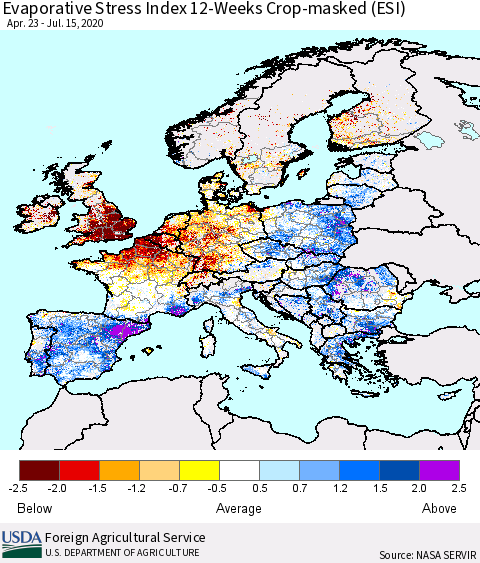 Europe Evaporative Stress Index (ESI), 12-Weeks over Croplands Thematic Map For 7/13/2020 - 7/19/2020