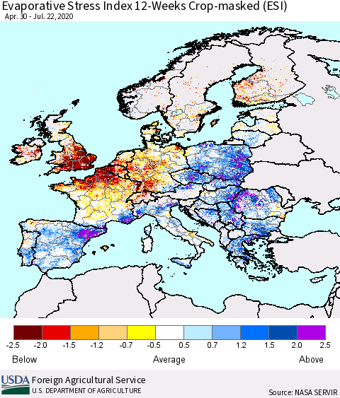 Europe Evaporative Stress Index (ESI), 12-Weeks over Croplands Thematic Map For 7/20/2020 - 7/26/2020