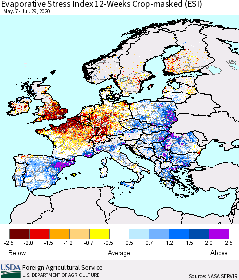 Europe Evaporative Stress Index (ESI), 12-Weeks over Croplands Thematic Map For 7/27/2020 - 8/2/2020