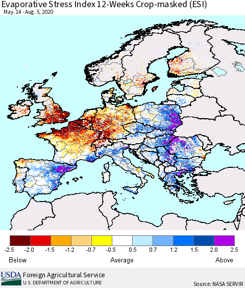 Europe Evaporative Stress Index (ESI), 12-Weeks over Croplands Thematic Map For 8/3/2020 - 8/9/2020