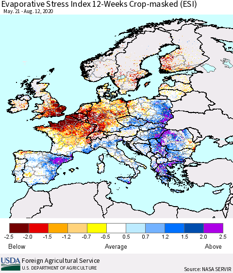 Europe Evaporative Stress Index (ESI), 12-Weeks over Croplands Thematic Map For 8/10/2020 - 8/16/2020