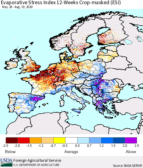 Europe Evaporative Stress Index (ESI), 12-Weeks over Croplands Thematic Map For 8/17/2020 - 8/23/2020