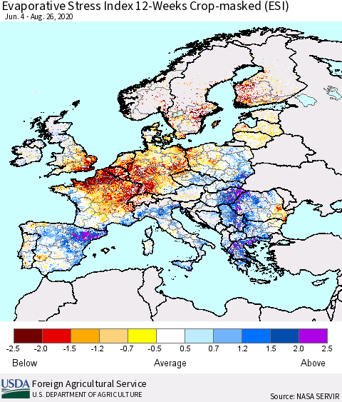 Europe Evaporative Stress Index (ESI), 12-Weeks over Croplands Thematic Map For 8/24/2020 - 8/30/2020