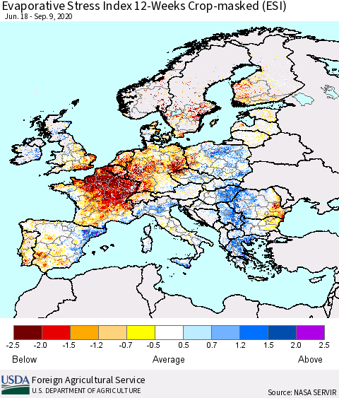 Europe Evaporative Stress Index (ESI), 12-Weeks over Croplands Thematic Map For 9/7/2020 - 9/13/2020