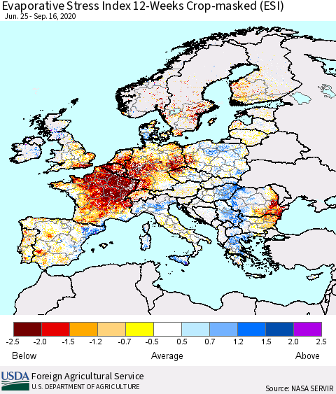 Europe Evaporative Stress Index (ESI), 12-Weeks over Croplands Thematic Map For 9/14/2020 - 9/20/2020