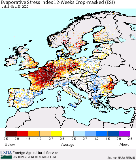 Europe Evaporative Stress Index (ESI), 12-Weeks over Croplands Thematic Map For 9/21/2020 - 9/27/2020