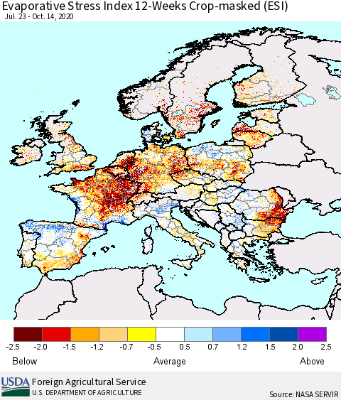 Europe Evaporative Stress Index (ESI), 12-Weeks over Croplands Thematic Map For 10/12/2020 - 10/18/2020