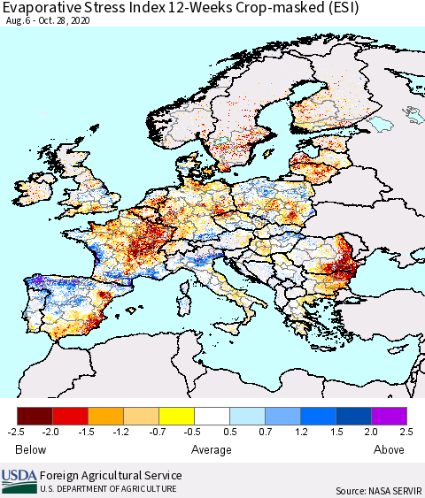 Europe Evaporative Stress Index (ESI), 12-Weeks over Croplands Thematic Map For 10/26/2020 - 11/1/2020
