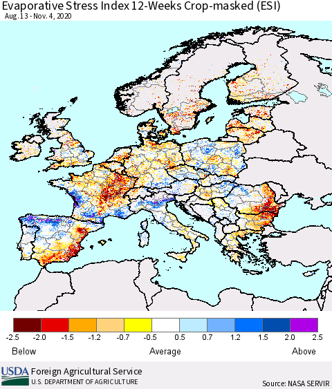 Europe Evaporative Stress Index (ESI), 12-Weeks over Croplands Thematic Map For 11/2/2020 - 11/8/2020