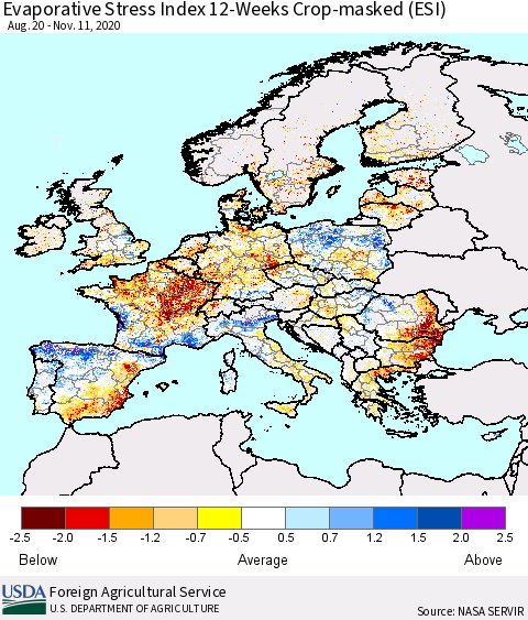 Europe Evaporative Stress Index (ESI), 12-Weeks over Croplands Thematic Map For 11/9/2020 - 11/15/2020