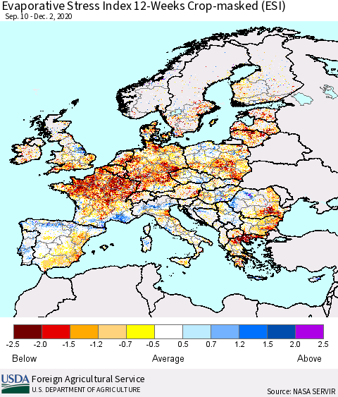 Europe Evaporative Stress Index (ESI), 12-Weeks over Croplands Thematic Map For 11/30/2020 - 12/6/2020