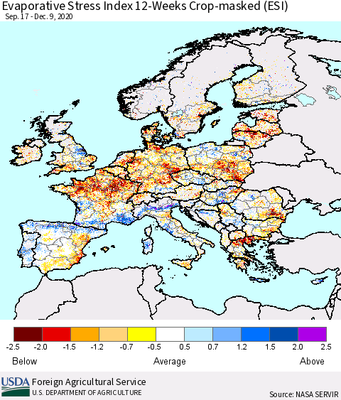 Europe Evaporative Stress Index (ESI), 12-Weeks over Croplands Thematic Map For 12/7/2020 - 12/13/2020