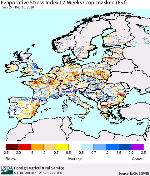 Europe Evaporative Stress Index (ESI), 12-Weeks over Croplands Thematic Map For 12/14/2020 - 12/20/2020