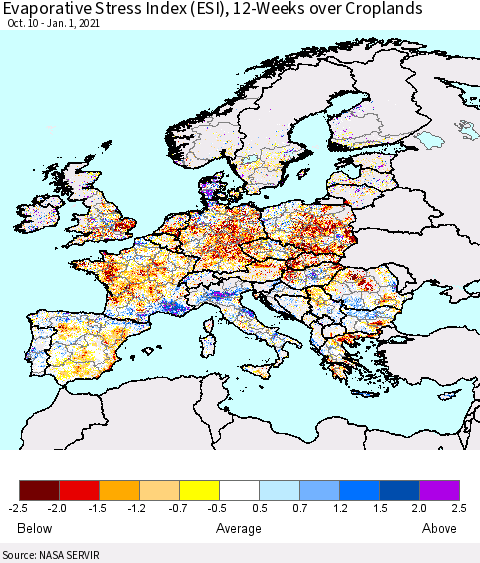 Europe Evaporative Stress Index (ESI), 12-Weeks over Croplands Thematic Map For 12/28/2020 - 1/3/2021
