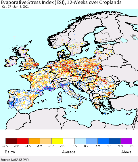 Europe Evaporative Stress Index (ESI), 12-Weeks over Croplands Thematic Map For 1/4/2021 - 1/10/2021